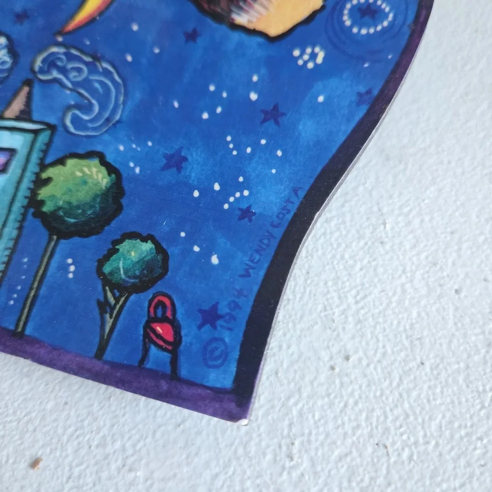 Wendy Costa 1994 Whimsical Flying Cat Wall Clock City Sky Line